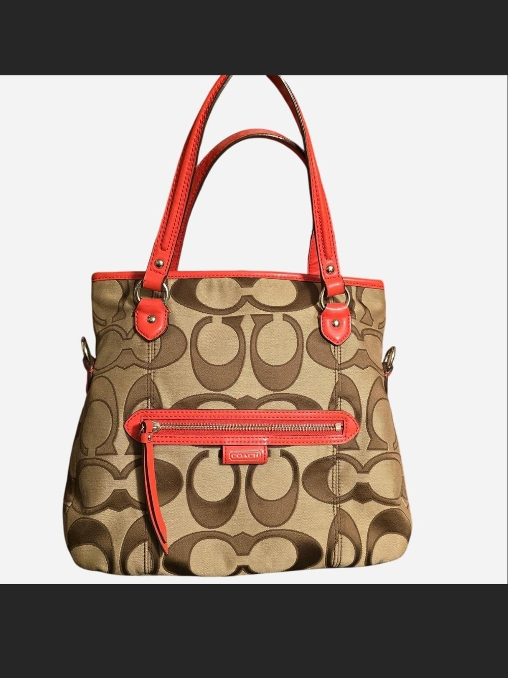 Coach Monogram Tote with Coral Trim